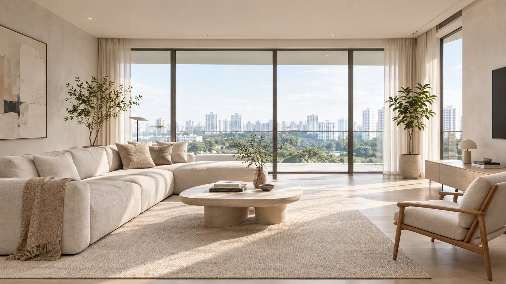 Living room bathed in late-afternoon light, a Studio Ruang interior.