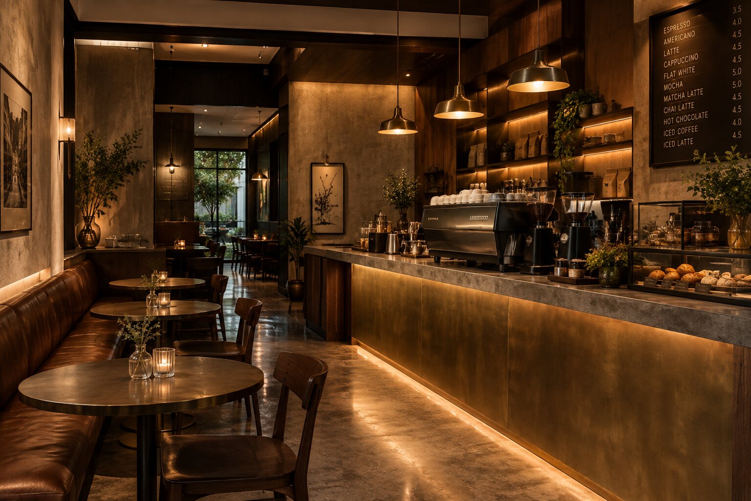 Moody café interior with a lime-plastered counter, blackened steel shelving, and dark terracotta flooring.
