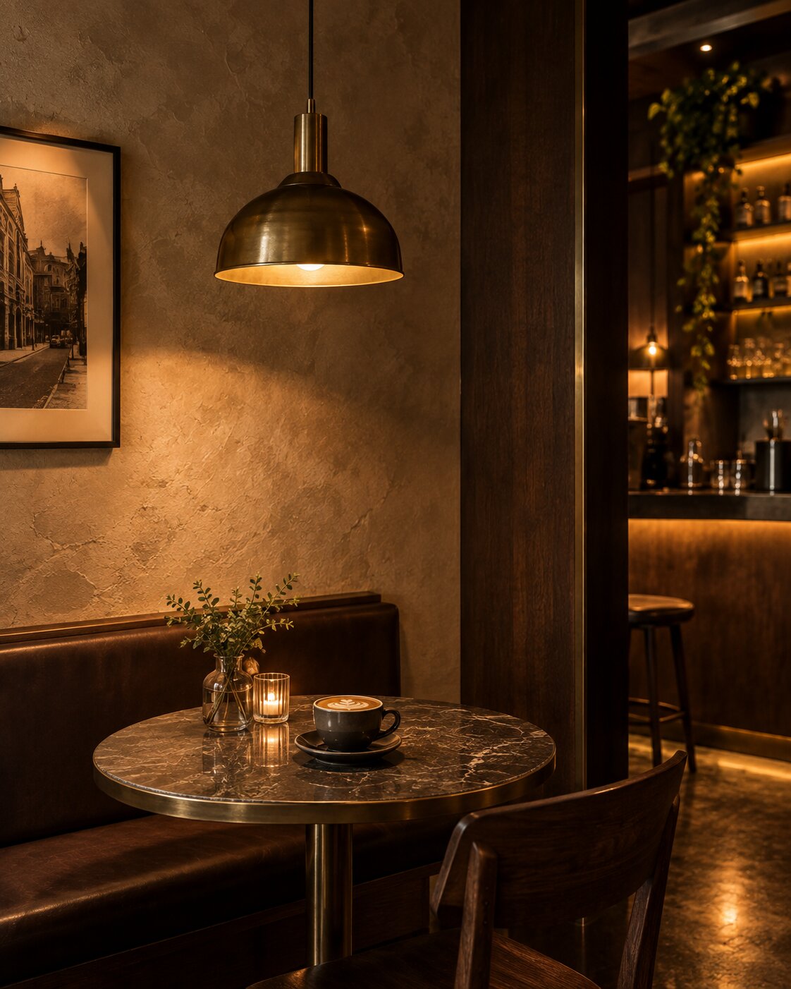 Lime-plastered service counter with blackened steel shelving behind it.