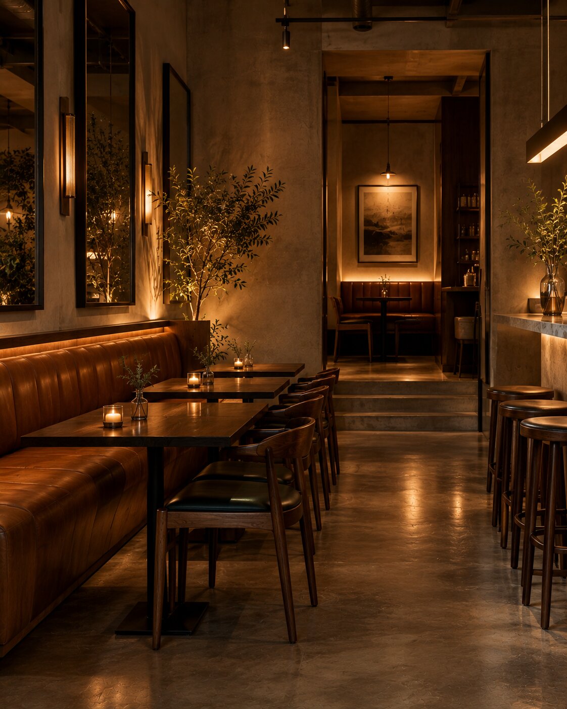 Café seating area in dark terracotta tile under warm, low lighting.
