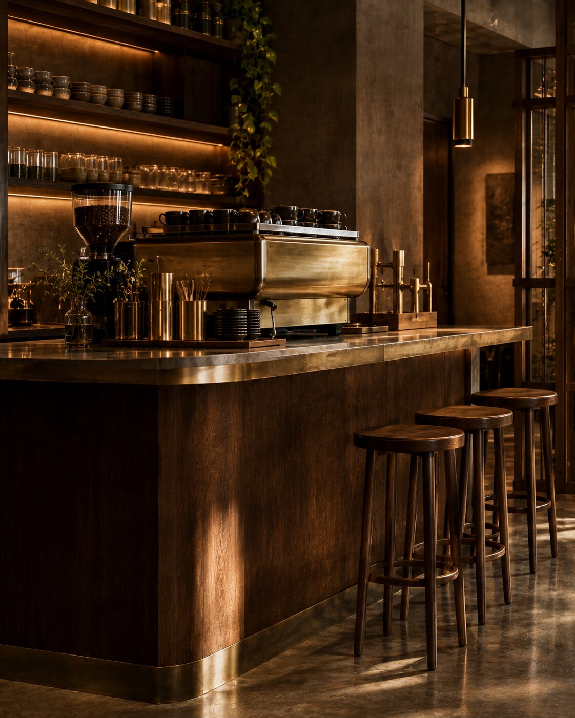 Widened kitchen pass connecting baristas to the seating area.