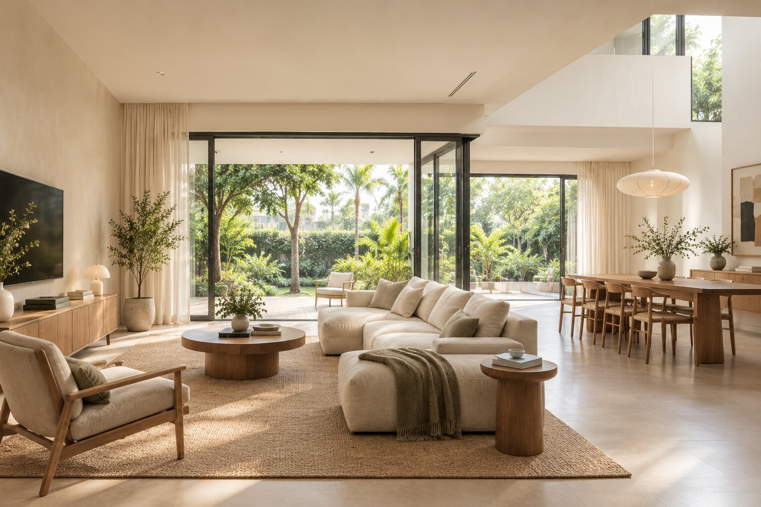 Ground-floor living space of a landed house opening directly onto a garden, warm minimalist palette.