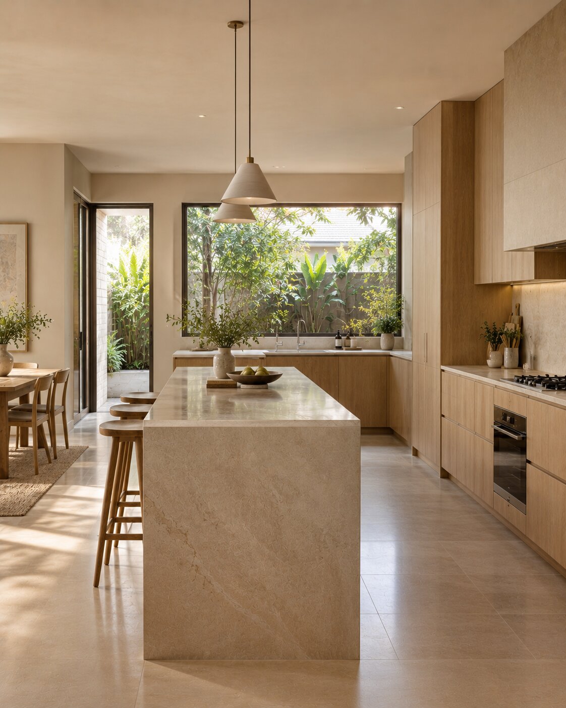 Kitchen with travertine counters and full-height oak joinery.