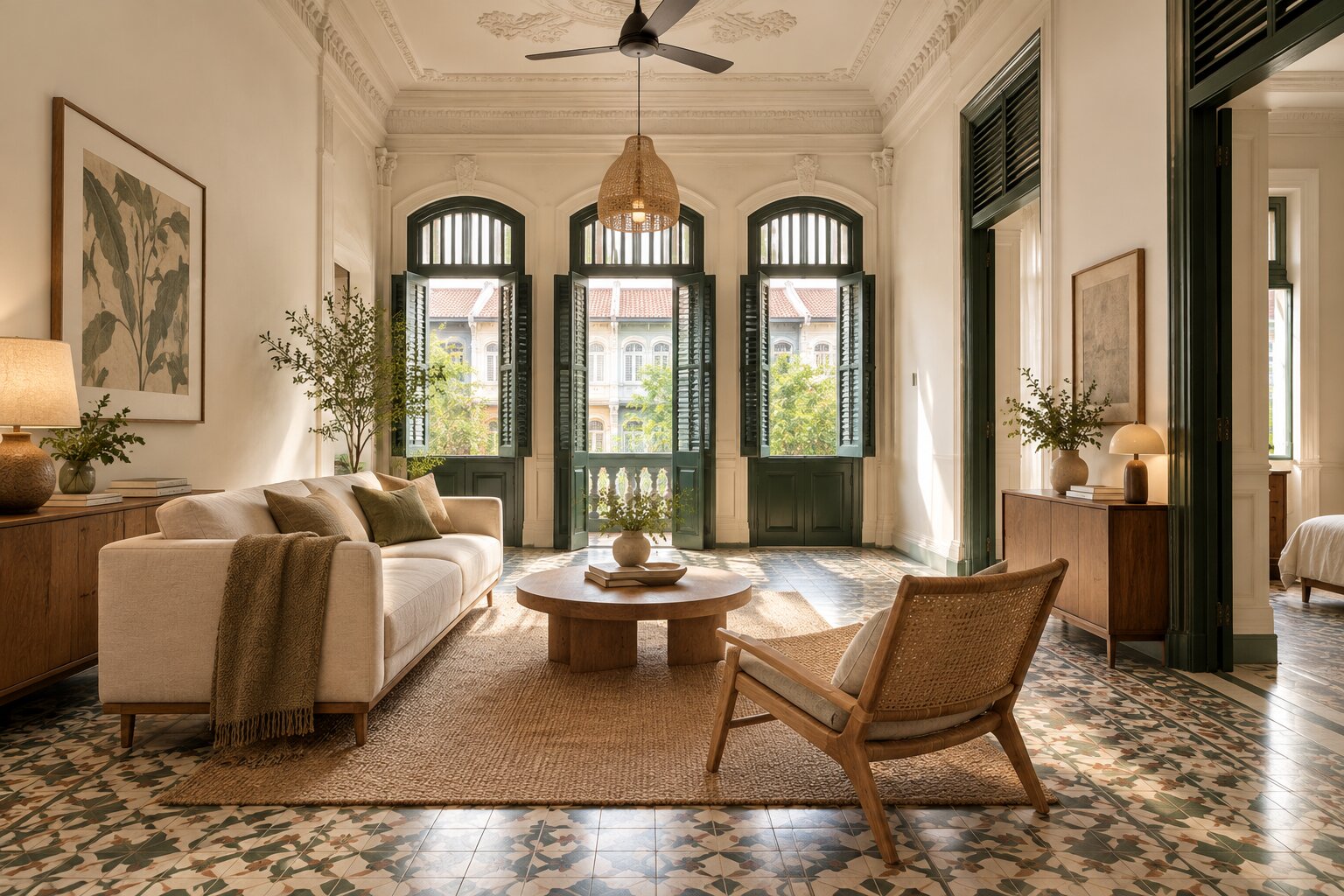 Restored Peranakan shophouse living room with timber shutters, white oak flooring, and afternoon light falling across an open airwell.