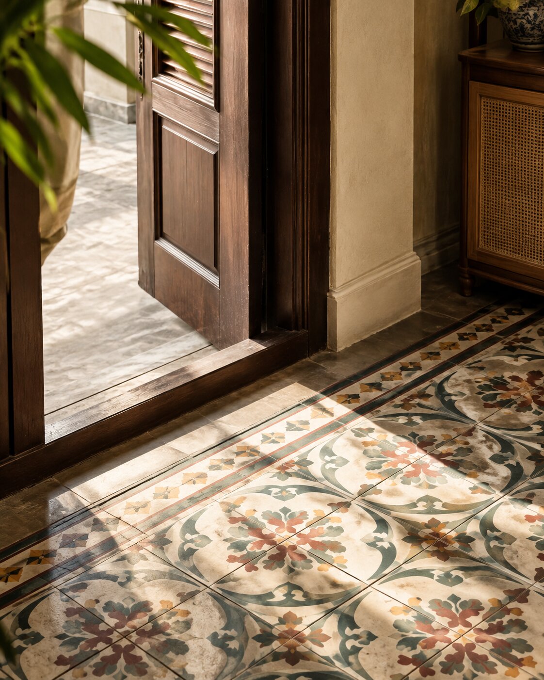Repaired original encaustic floor tiles at the entry threshold.