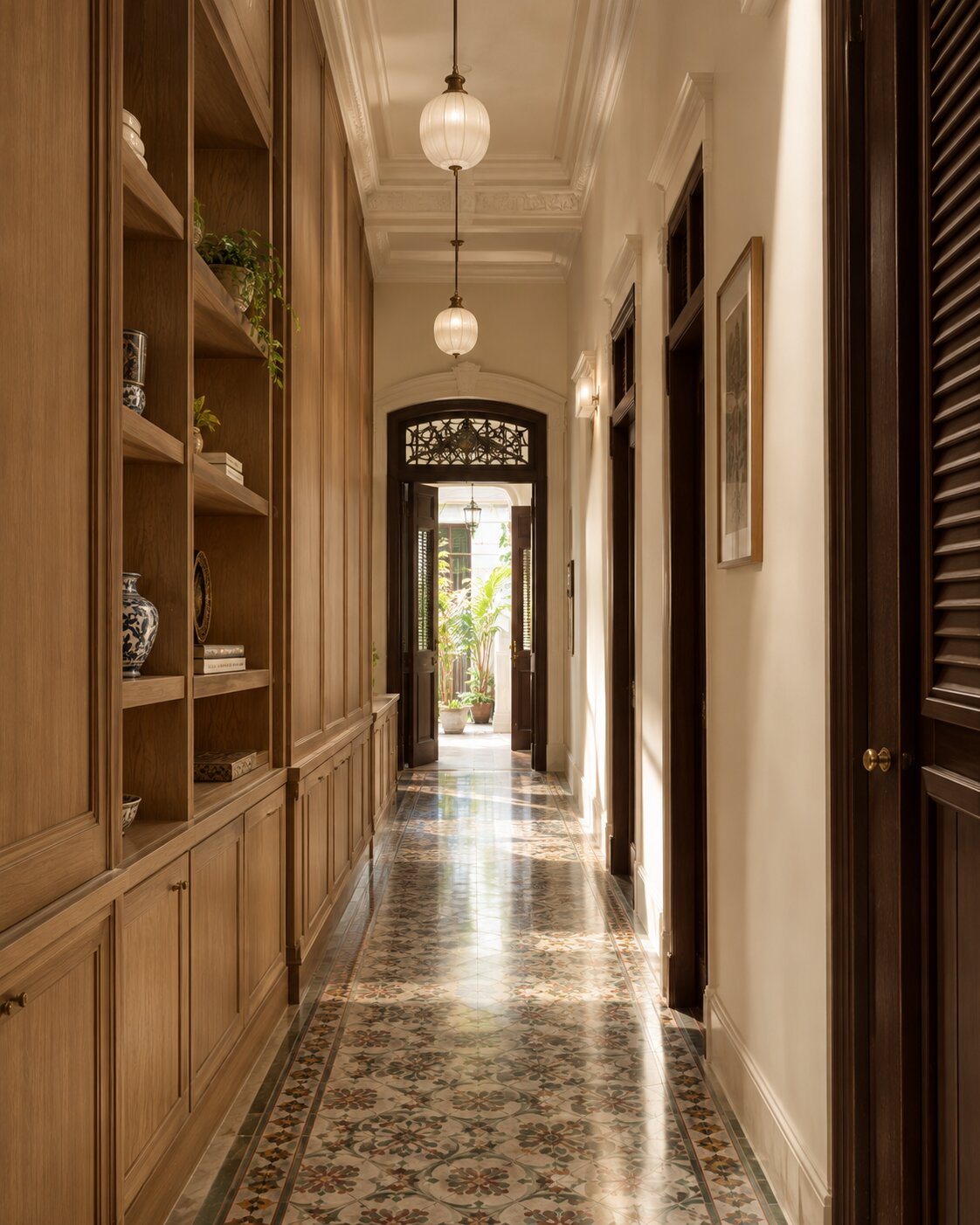 White oak joinery run along the ground-floor corridor wall.