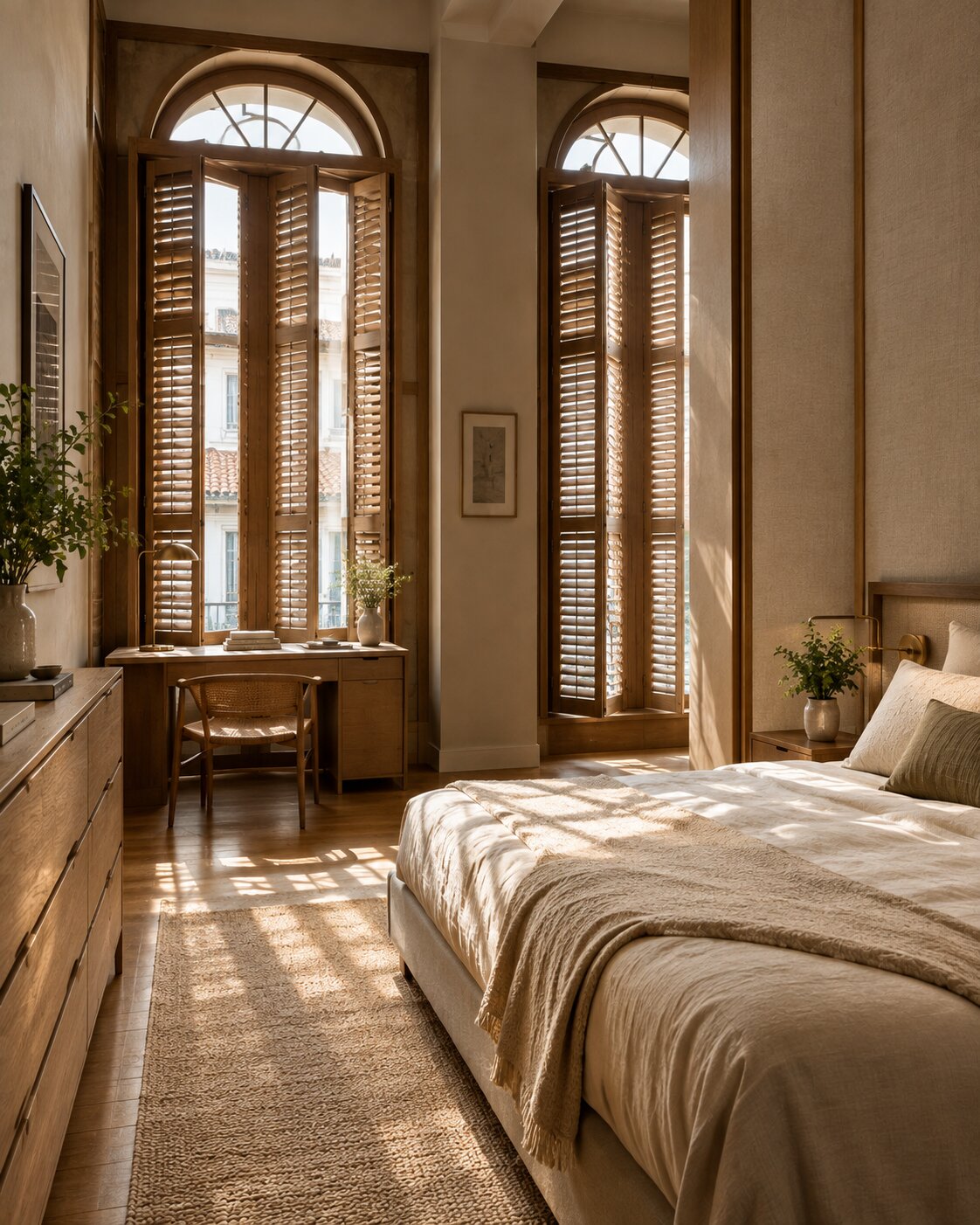 Main bedroom suite with a study nook overlooking the street-facing timber shutters.