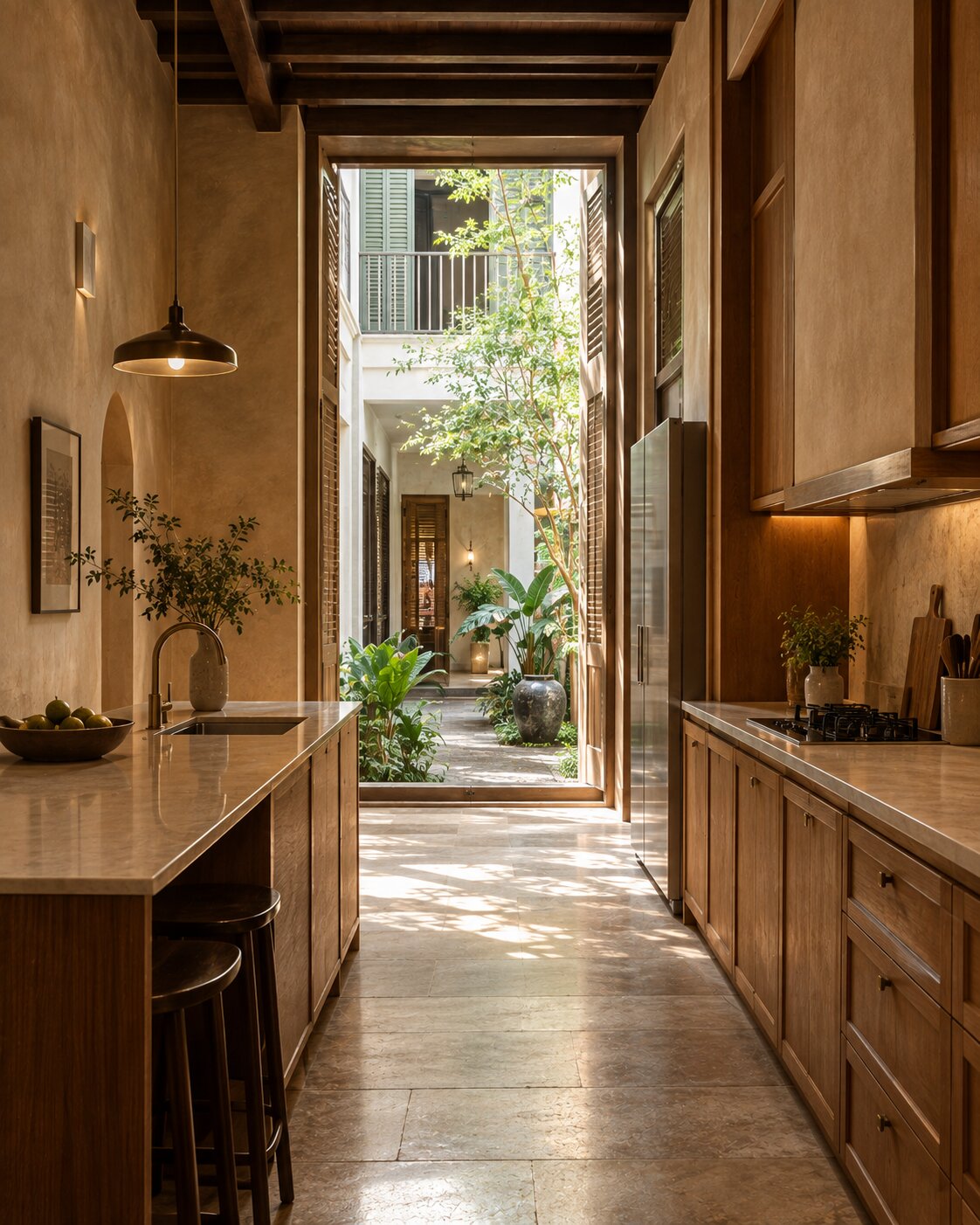 Kitchen with warm plaster walls and a view back toward the airwell.