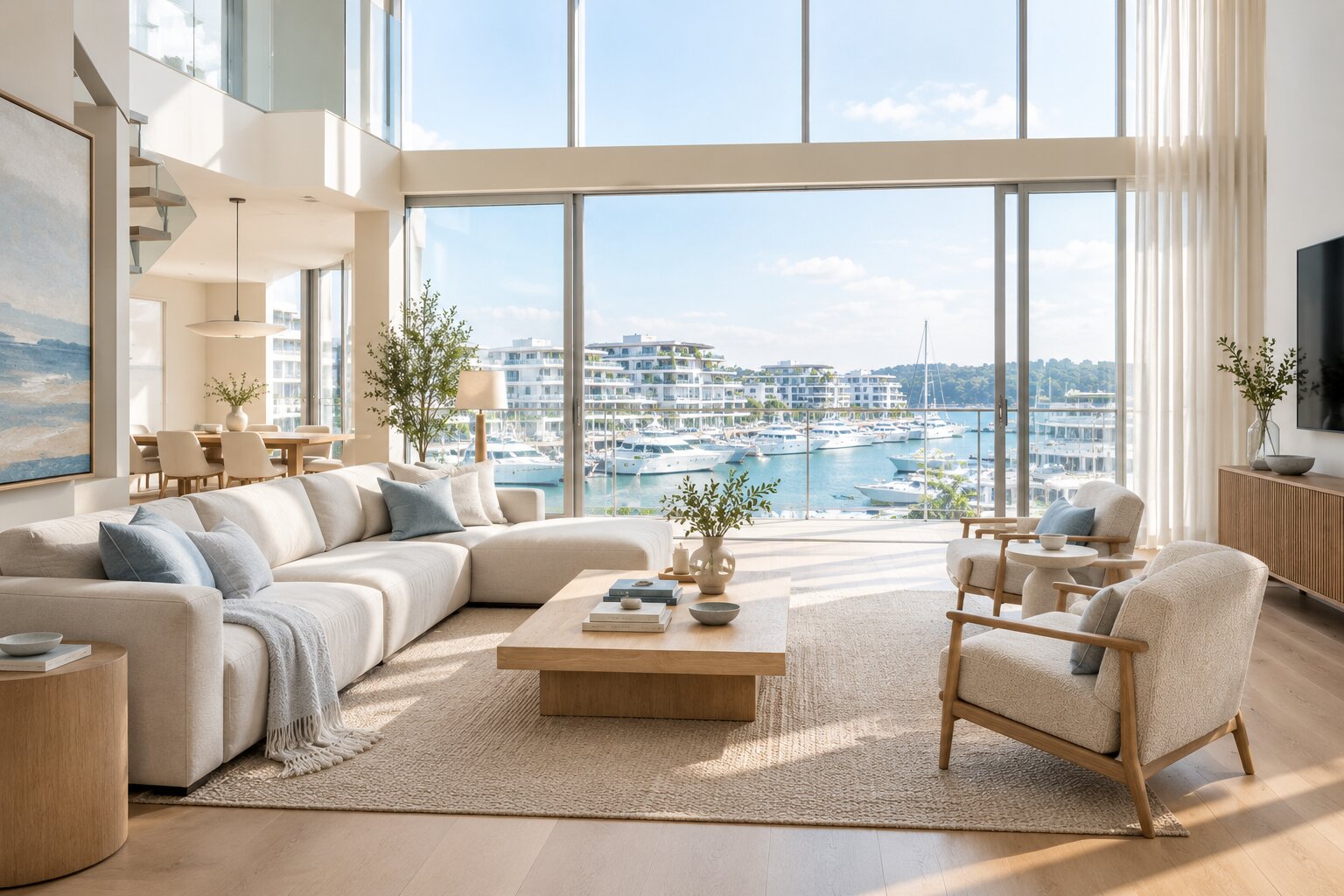 Open-plan living and dining space in a waterfront duplex with unobstructed views of Keppel Bay.