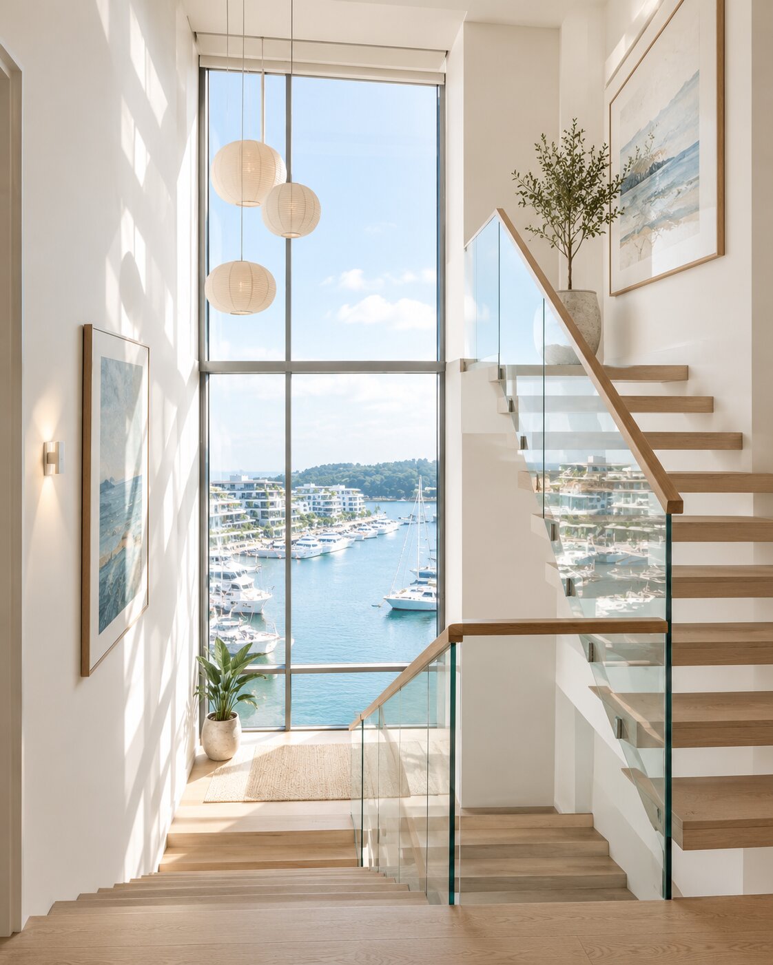 Living room with limewashed walls and white oak flooring facing full-height water-view glazing.
