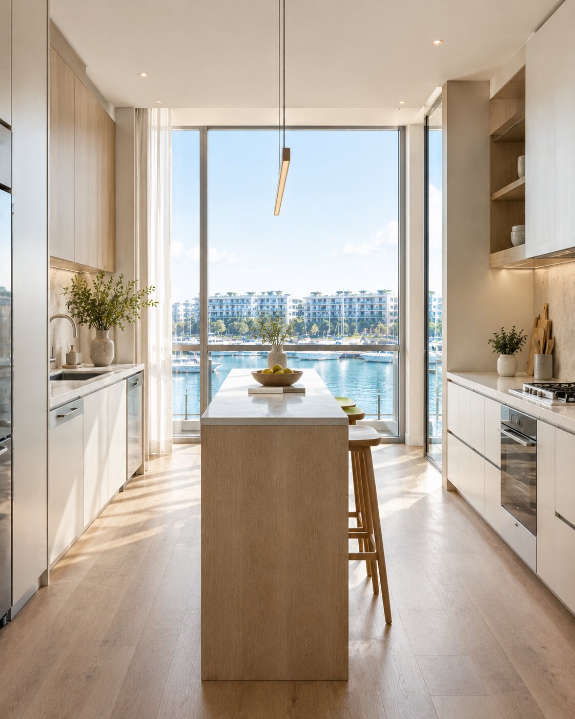Kitchen in warm neutral tones matching the surrounding walls.