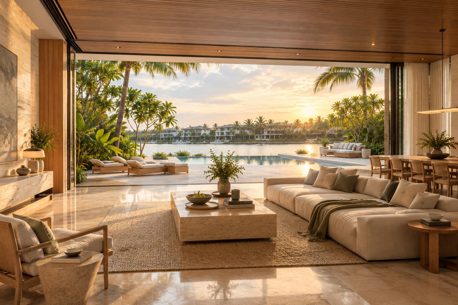 Resort-style villa living room opening fully onto a pool terrace through a pivoting glass wall.