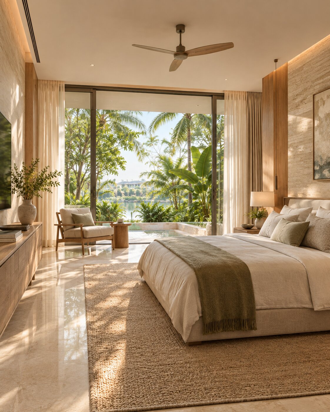 Pool terrace seen from the living room through the fully opened glass wall.