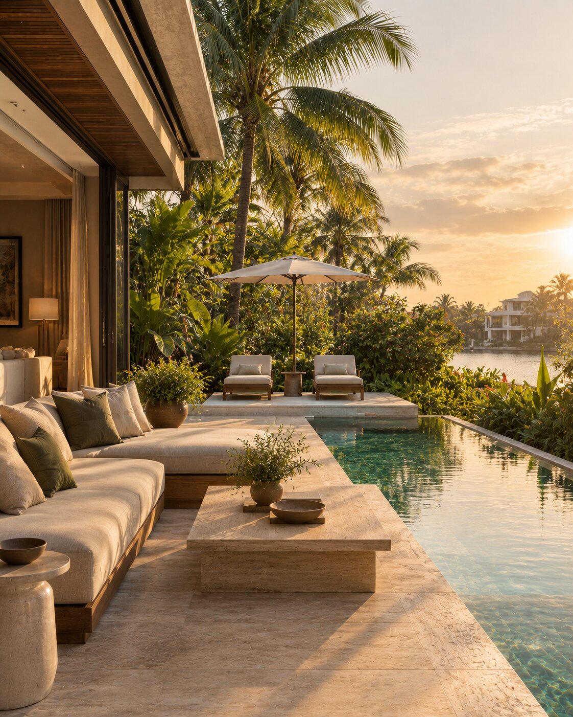 Outdoor lounge furniture in teak and natural fibre beside the pool.