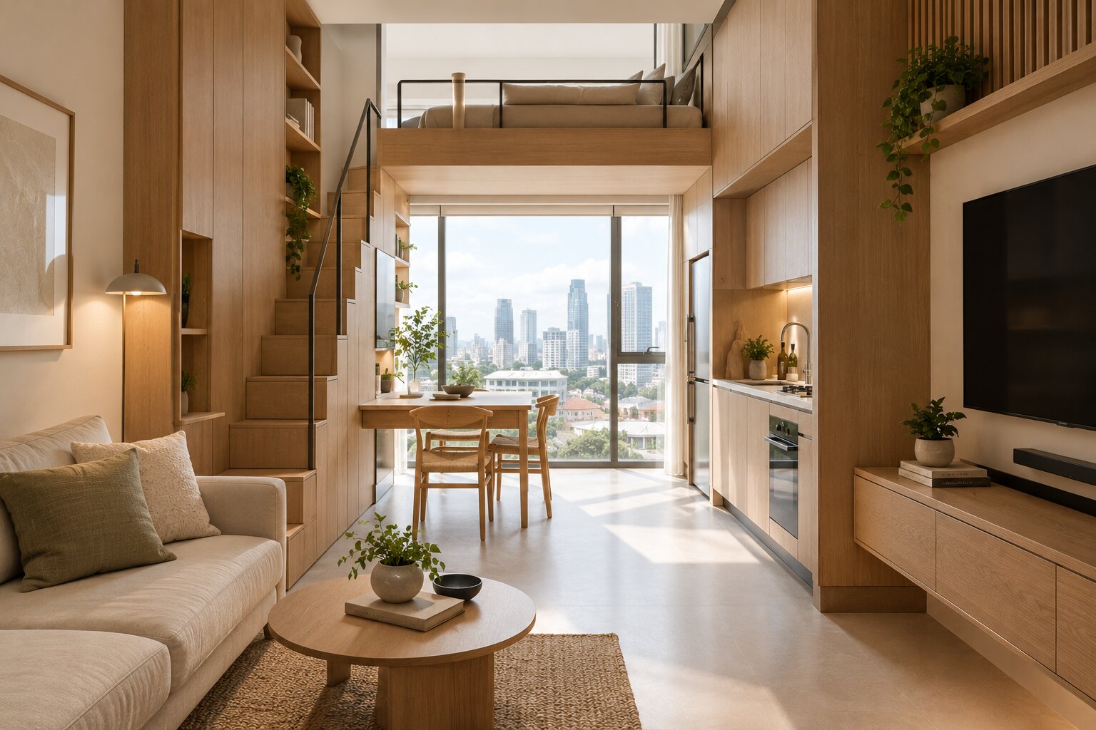 Compact apartment living area with a continuous timber joinery wall concealing a fold-down guest bed and desk.