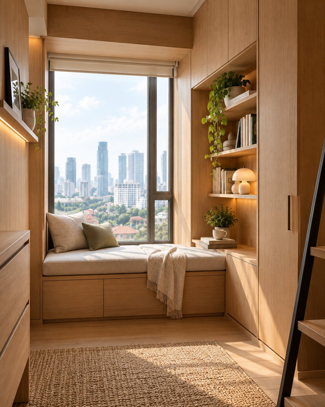 Full-height joinery wall with the guest bed folded away.