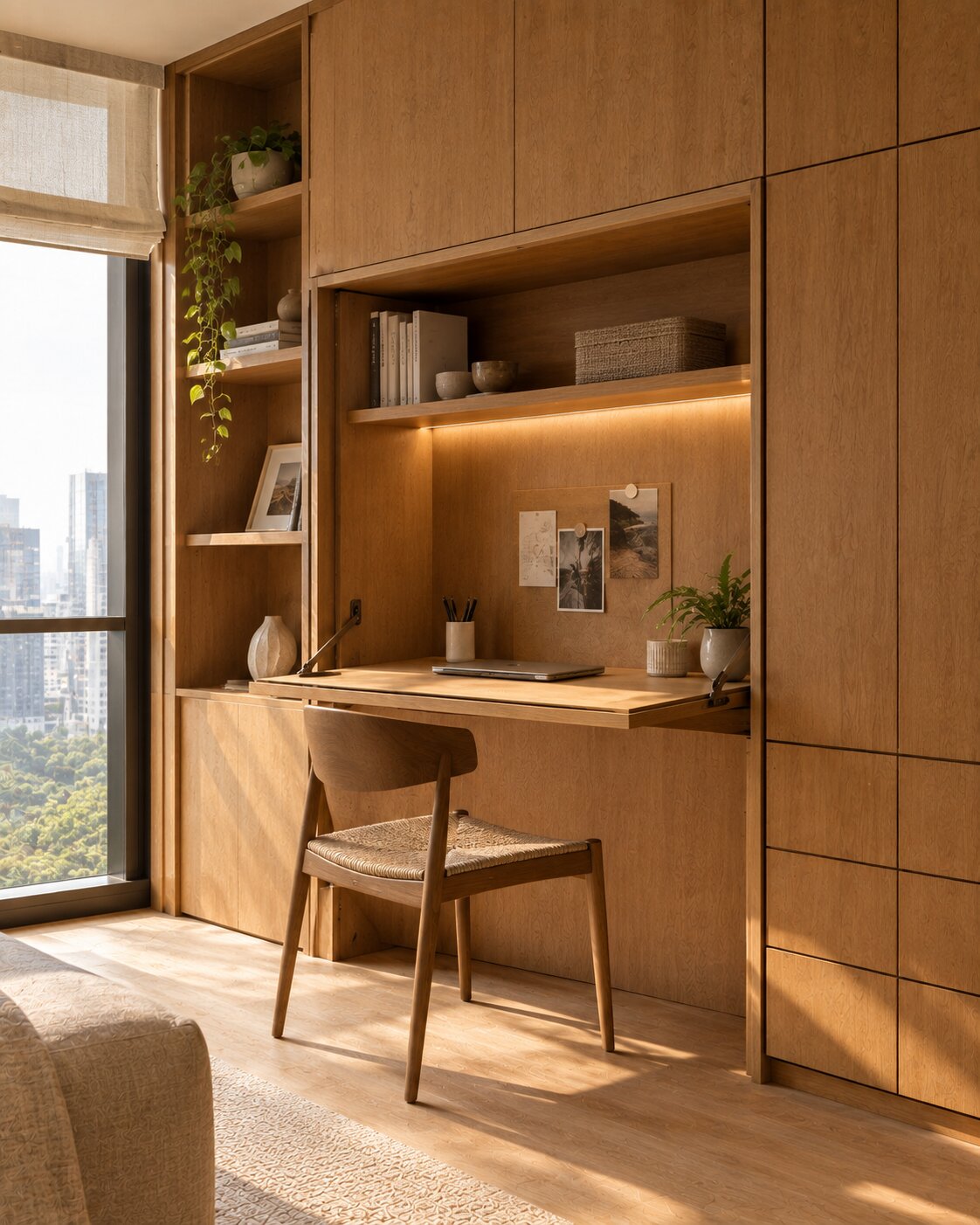 Fold-down home office desk built into the entry joinery.